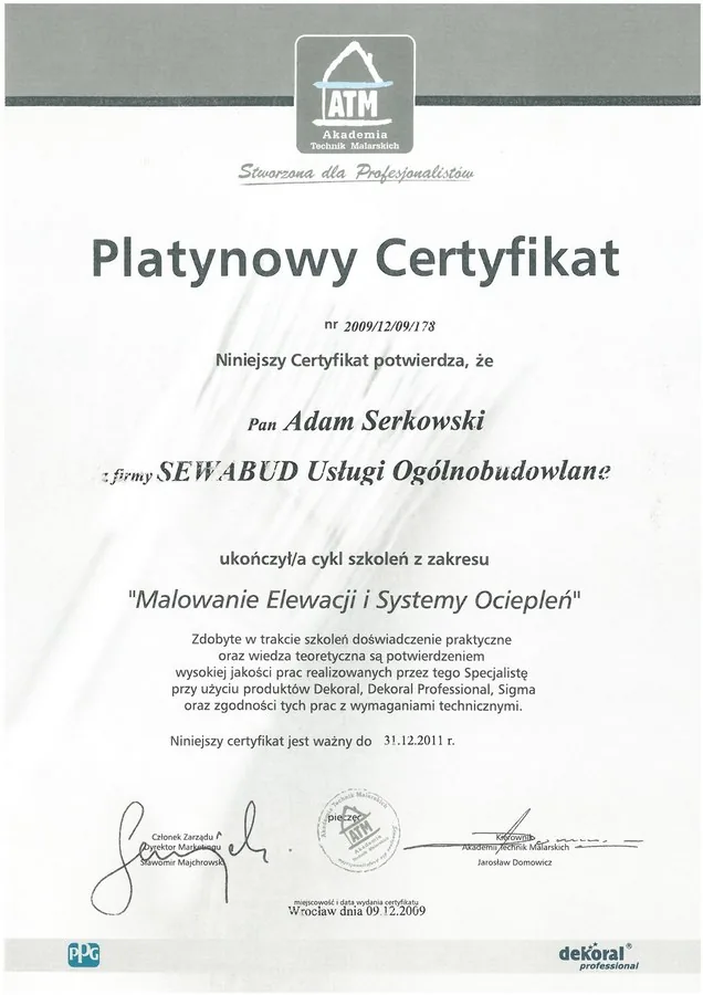 Certyfikat SEWABUD — malowanie elewacji i systemy ociepleń